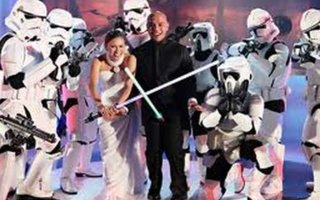 Star Wars Geek Wedding | A couple&#039;s obsession with Star Wars inspired them to theme their wedding on the blockbuster films – with the groom playing Han Solo and the bride Princess Leia. This is a picture from a  Star Wars themed wedding. They went all out, and every single perso