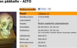 Huuto.netissä myynnissä ihmisen pääkallo | Huuto.net-sivustolla myynnissä olevan kallon lähtöhinta on 450 euroa, ja omakseen sen saa heti 700 eurolla.