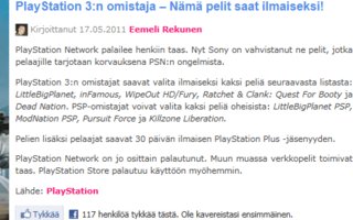 PS3:n omistajille ilmaisia pelejä Sonylta | Sony korvaa PlayStation Networkin takkuilut.