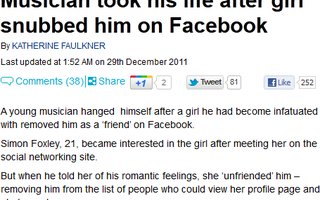 Poika hirtti itsensä facebook ihastuksen takia.