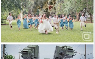 The new trend in wedding photography: danger wedding | Unusual wedding photos – guests along with bride and groom attacking dangerous creatures, like aliens or dinosaurs is becoming increasingly popular. Thanks to the photographer Quinn Miller, who first came to idea to take a photo where the T-Rex takes newl