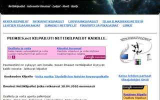 Peemies-ilmaiset nettikilpailut | Paljon Ilmaisia Nettikilpa&iacute;luja.
Osallistu ja voita upeita palkintoja.