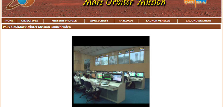 Intian avaruustutkimusjärjestö ISRO | Intia laukaisi 5.11.2013 luotaimen Marsia kiertävälle radalle, minkä vuoksi nettisivuja ei ole ollut varaa päivittää sitten Windows 95.