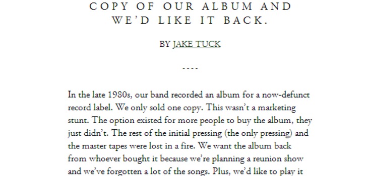 Bändi hukannut ainoan levynsä | Yhtye hukannut ainoan kopion esikois-albumistaan koska tulipalossa palanut kaikki muu materiaali.