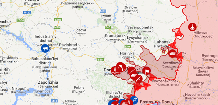 Kartta josta näkee Ukrainan kriisin etenemisen | Kartasta voi klikata kohteita jotka viittaavat johonkin uutiseen sitä koskien. Twiitit lähteineen näkyy sivun oikeassa reunassa.